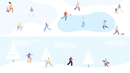Winter holidays. Tiny people walking in snow park, skiing and skating. Christmas and new year, snowy forest with sport woman man vector banners. Snowboard ski winter park, snow holiday illustration
