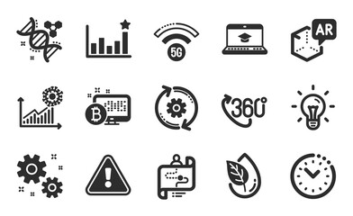 Chemistry dna, 5g wifi and Time management icons simple set. Work, Coronavirus statistics and Efficacy signs. Cogwheel, Organic product and Website education symbols. Flat icons set. Vector