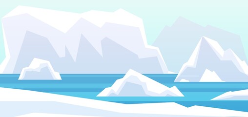 Arctic landscape. Beauty north pole, glacier iceberg in water. Winter polar mountains rocks, antarctic melting berg in sea vector background. Illustration arctic water sea, landscape north