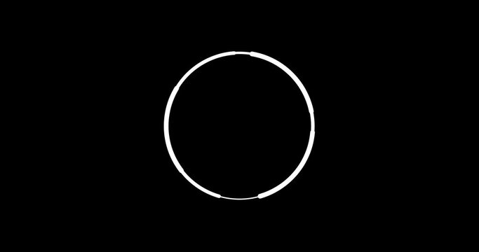 Abstract animation of the rotation of a white circle. Thick and thin dotted lines. The disappearance and appearance of an object against a black background.