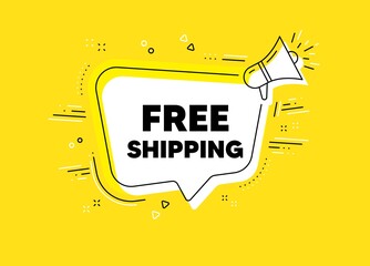 Free shipping. Megaphone yellow vector banner. Delivery included sign. Special offer symbol. Thought speech bubble with quotes. Free shipping chat think megaphone message. Vector