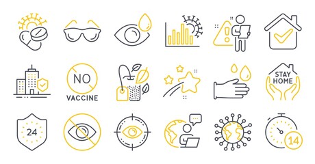 Set of Medical icons, such as Stay home, Eye drops, Rubber gloves symbols. Coronavirus, Quarantine, Apartment insurance signs. 24 hours, Not looking, Mint bag. Coronavirus pills. Vector