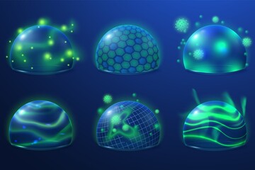 Transparent protection. Safety shield, energy bubbles for protect. Security fields with grid future, abstract 3d sphere recent vector set