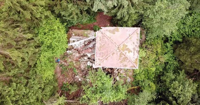 Lost place, Opel Villa by drone top shot at a cloudy day.