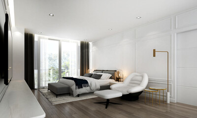 Modern cozy interior design mock up of bedroom and white wall pattern background/3D rendering