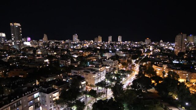 
Aerial photo of the city of Tel Aviv at night. Israel. Kikar Rabin- Rabin square. Ibn Gvirol Street