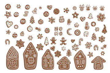 Big set of gingerbread. Christmas elements for the winter holidays. Gingerbread man and woman, tree, gift, stars, bell, ball, house, heart. Hand drawn vector illustration.Hand drawn and cartoon style.