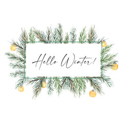 Watercolor illustration. A template made of fir branches and yellow Christmas tree decorations. A estive frame for Christmas.