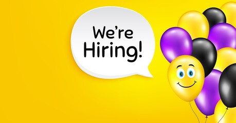 We're hiring symbol. Smile balloon vector background. Recruitment agency sign. Hire employees symbol. Birthday balloon background. Hiring speech bubble. Celebrate yellow banner. Vector