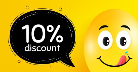 10% Discount. Easter egg with yummy smile face. Sale offer price sign. Special offer symbol. Easter smile character. Discount speech bubble. Yellow yummy egg background. Vector