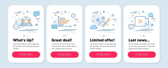 Set of Education icons, such as Correct answer, Court building, Horizontal chart symbols. Mobile screen mockup banners. Video camera line icons. Speed symbol, Judgement, Presentation graph. Vector