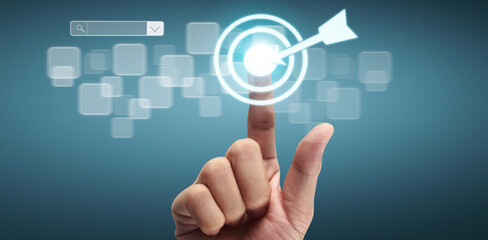 Hands touching button screen interface global connection customer networking