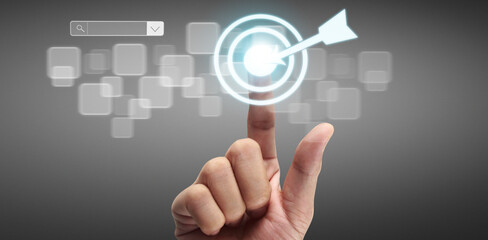 Hands touching button screen interface global connection customer networking