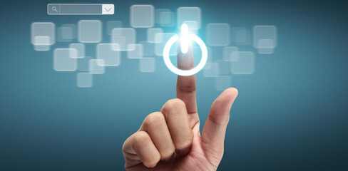 Hands touching button screen interface global connection customer networking
