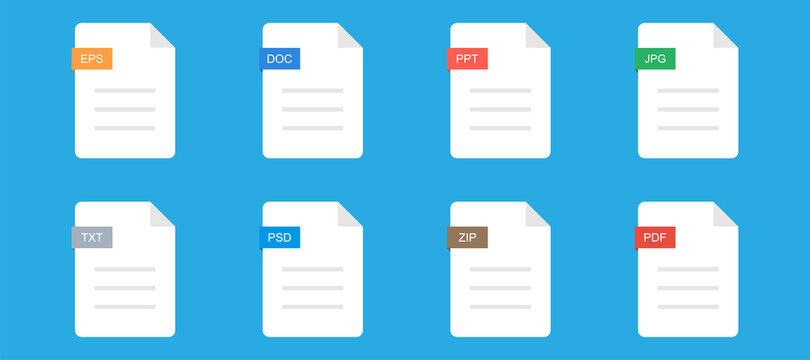 File type formats. Doc and PPT file pictograms. Isolated PDF and ZIP documents. TXT and JPEG extensions symbol. Set of document and media file formats. Vector illustration. EPS 10.