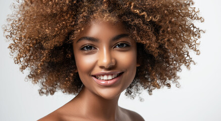 Beauty portrait of african american girl with clean healthy skin on beige background. Smiling...
