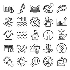 Waves, sun, efficacy line icons. Customisation, Global warming, Question mark icons. Signature Rfp, Information, Efficacy. Waves, Consolidation, Operational excellence. Question mark, whistle. Vector