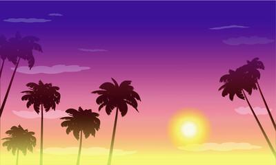 Illustration of a bright sunset with palm trees. Vector graphics