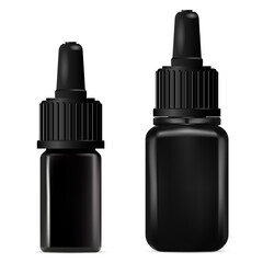 Black glass dropper bottle mockup. Cosmetic serum vial with drop cap. Essential oil container with eyedropper, realistic luxury illustration. Pharmacy flacon with pipette. E liquid for vape