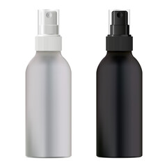 Cosmetic spray bottle. Black and white packaging design mockup. 3d vector tube blank with atomizer for hand sanitizer. Aerosol dispenser pump package template for toner. Cylinder deodorant