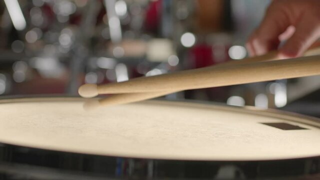 Close Up of Drummer Playing Roll on Snare Drum - Shallow Depth of Field