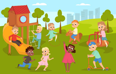 Fototapeta na wymiar Cute Children Playing in Playground on Nature Landscape, Happy Kids Swinging on Swing, Sliding down Slide, Riding Kick Scooter Vector Illustration