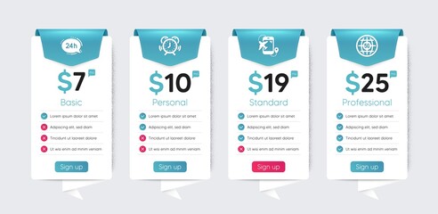 Included icon as Flight destination, Time management, 24h service signs. Price table template, business plan chart. Business icons set. 5g internet flat icons. Vector