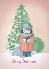 Christmas card with child holding a snow cone. Digital watercolor Merry Christmas card.