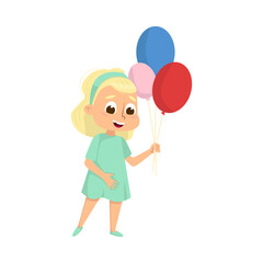 Cute Blonde Little Girl Having Fun with Colorful Balloons Cartoon Style Vector Illustration