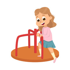 Cute Girl Playing Merry Go Round, Kid Having Fun on Playground Cartoon Style Vector Illustration