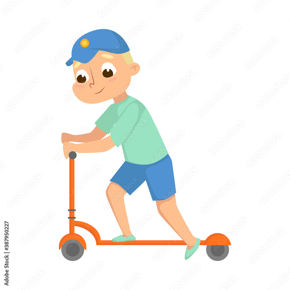 Sticker Cute Boy Riding Kick Scooter, Kids Having Fun on Playground Outdoors Cartoon Style Vector Illustration