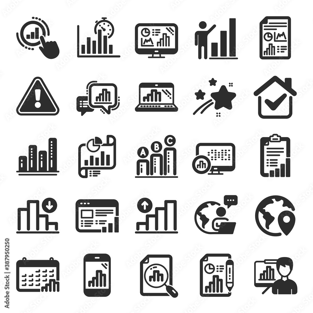 Poster graph icons. set of chart presentation, report, increase growth graph icons. analytics testing, fall