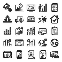 Graph icons. Set of Chart presentation, Report, Increase growth graph icons. Analytics testing, Falling demand, Pie chart report. Calendar statistics, Stats. Ab testing, Increase sales. Vector