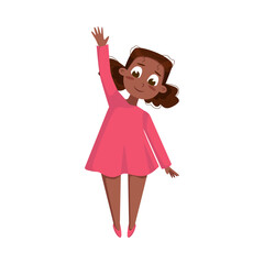 Cute Little African American Girl in Pink Dress Having Fun Outdoors Cartoon Style Vector Illustration