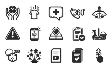 360 degree, Handout and Mail icons simple set. Court judge, Swipe up and Approved report signs. Video file, Safe time and Medical chat symbols. Household service, Sun energy and Dry t-shirt. Vector