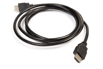 HDMI cable with full-size connectors closeup in selective focus