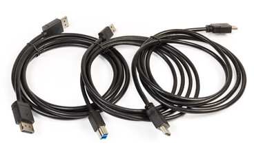 Cables of different multimedia and computers interfaces on white background