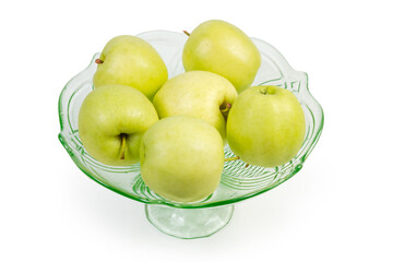 Apples in vintage glass vase for fruits on white background