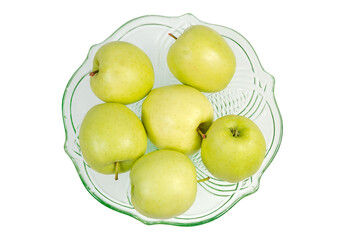 Top view of green apples in vintage glass fruits bowl