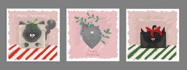 Set of 3  funny Christmas cat card. Hand painted illustration.