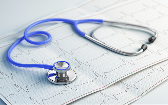 Blue stethoscope on cardiogram sheets. 3d rendering