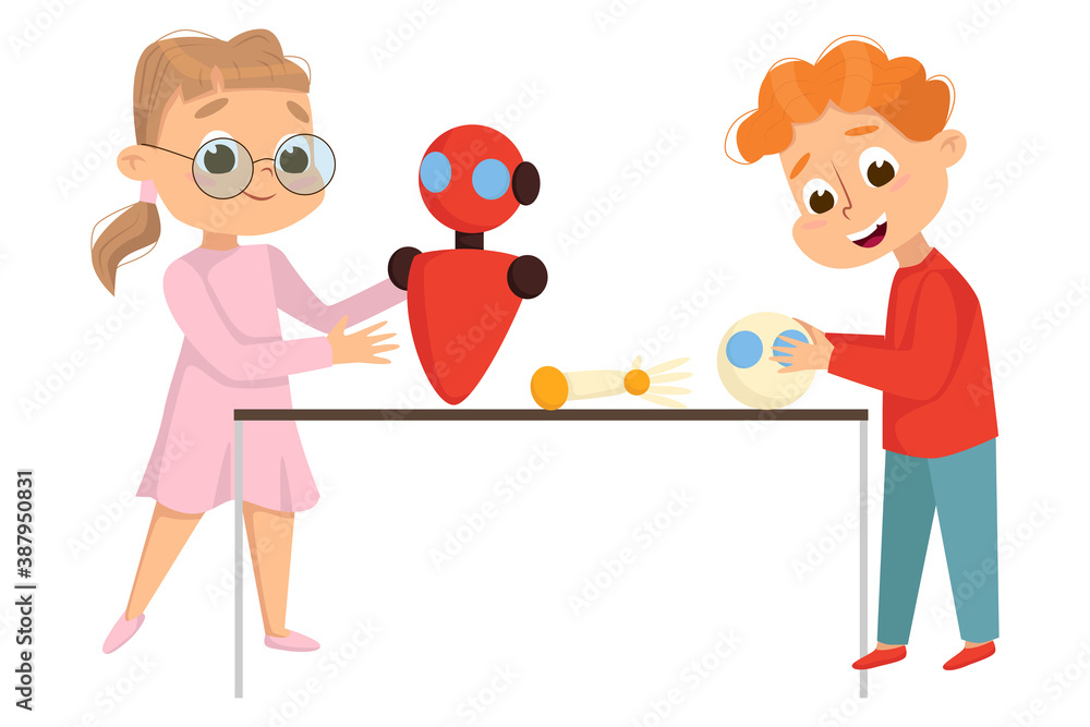 Poster cute girl and boy creating and programming smart robot, kids programmer characters, children educati