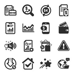 Set of Finance icons, such as Money currency, Debit card, Currency audit symbols. Shopping bags, Vacancy, Infochart signs. Phone payment, Loan percent, Report. Sale megaphone, Payment. Vector