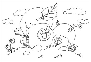 Coloring. Fabulous mushroom houses. Vector