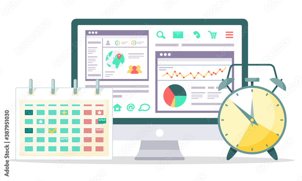 Fototapete monitor of computer with website optimization and graph report, planner and watch symbols element of