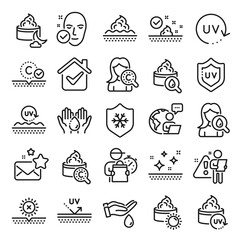 Skin care line icons. Collagen, Cream, Serum oil and Skincare. Face sun lotion gel, Uv protection, vitamin E icons. Night face skin care cream protection. Skincare cosmetic. Line icon set. Vector