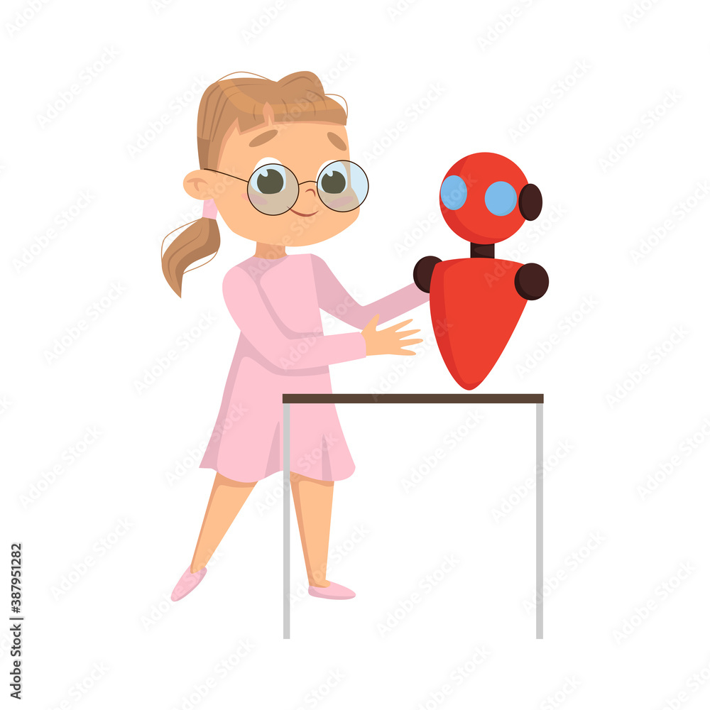 Poster cute girl creating and programming smart robot, kids educational project cartoon style vector illust