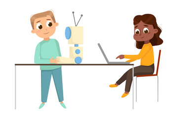 Cute Girl and Boy Creating and Programming Smart Robot, Kids Educational Project Cartoon Style Vector Illustration