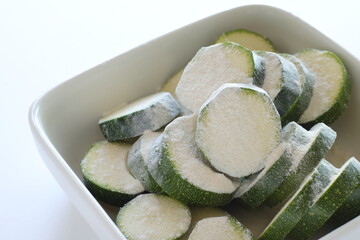 Korean cooking, chopped zucchini and flour for prepared ingredient