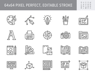 Graphic design line icons. Vector illustration included icon - digital creative tool, paintbrush, palette, prepress, presentation layout outline pictogram for art. 64x64 Pixel Perfect Editable Stroke - obrazy, fototapety, plakaty